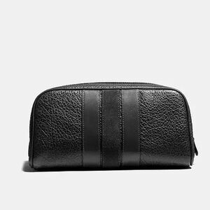 Authentic COACH Toiletry Travel Bag- black leather with varsity stripe